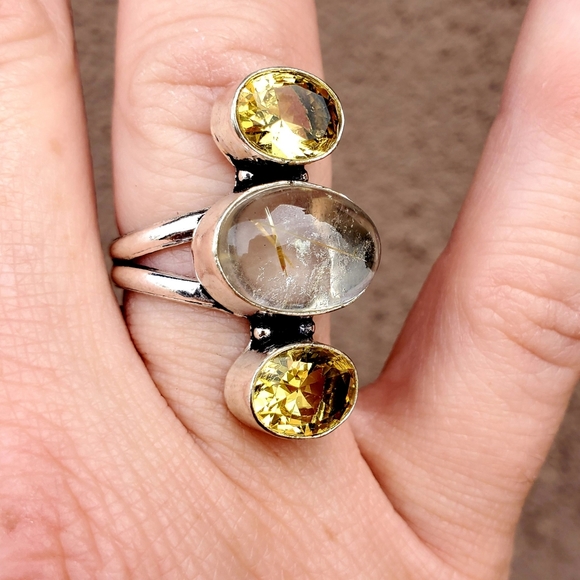 New Golden Rutile and Citrine 925 Silver Ring. - Picture 9 of 16